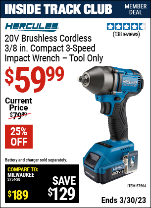 Harbor Freight Tools Coupons, Harbor Freight Coupon, HF Coupons-20v Brushless Cordless 3/8 in. Compact 3-Speed Impact Wrench Tool Only