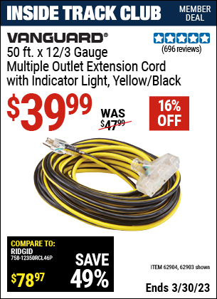 Harbor Freight Tools Coupons, Harbor Freight Coupon, HF Coupons-12 Gauge X 50ft Multi-outlet Extension Cord With Indicator Light