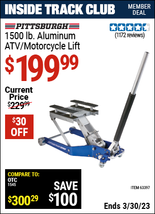 Harbor Freight Tools Coupons, Harbor Freight Coupon, HF Coupons-PITTSBURGH AUTOMOTIVE 1500 lb. Capacity ATV / Motorcycle Lift for $149.99