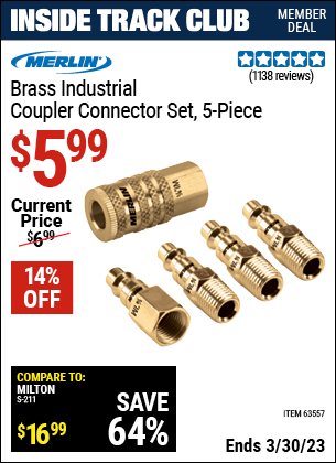 Harbor Freight Tools Coupons, Harbor Freight Coupon, HF Coupons-5 Piece Brass Industrial Coupler Connector Kit