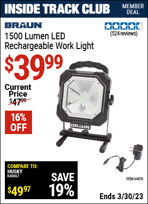 Harbor Freight Tools Coupons, Harbor Freight Coupon, HF Coupons-Braun 1500 Lumens Led Rechargeable Work Light
