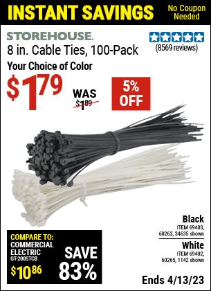 Harbor Freight Tools Coupons, Harbor Freight Coupon, HF Coupons-STOREHOUSE 8 in. Cable Ties Pack of 100 for $1.49