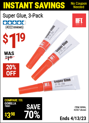 Harbor Freight Tools Coupons, Harbor Freight Coupon, HF Coupons-Super Glue Pack Of 3