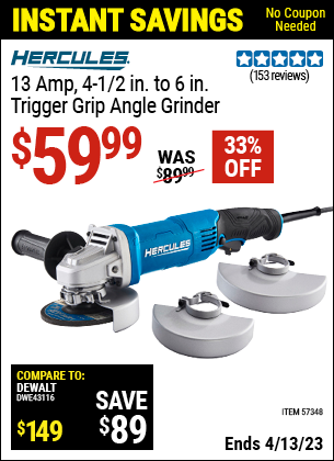 Harbor Freight Tools Coupons, Harbor Freight Coupon, HF Coupons-Corded 4-1/2 in. to 6 in.  13 Amp Angle Grinder with Trigger Grip