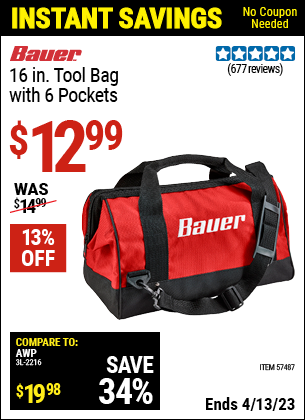 Harbor Freight Tools Coupons, Harbor Freight Coupon, HF Coupons-16 In. Tool Bag With 6 Pockets