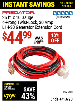 Harbor Freight Tools Coupons, Harbor Freight Coupon, HF Coupons-25 Ft. X 10 Gauge Generator Duty Twist Lock Extension Cord