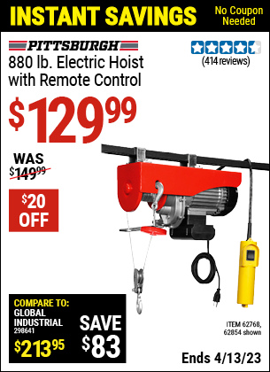 Harbor Freight Tools Coupons, Harbor Freight Coupon, HF Coupons-880 lb. Electric Hoist with Remote Control