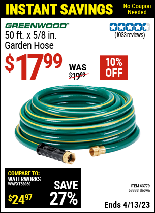 Harbor Freight Tools Coupons, Harbor Freight Coupon, HF Coupons-GREENWOOD 5/8 in. x 50 ft. Heavy Duty Garden Hose for $14.99