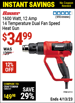 Harbor Freight Tools Coupons, Harbor Freight Coupon, HF Coupons-1600 Watt 12 Amp 14 Temperature Dual Fan Speed Heat Gun