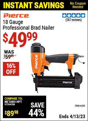 Harbor Freight Tools Coupons, Harbor Freight Coupon, HF Coupons-Pierce 18 Gauge Brad Nailer