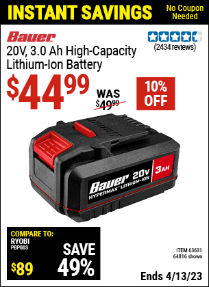 Harbor Freight Tools Coupons, Harbor Freight Coupon, HF Coupons-20 Volt, 3.0 Amp Hour Battery