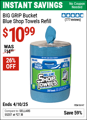 Harbor Freight Coupons, HF Coupons, 20% off - Toolbox Big Grip Bucket Blue Shop Towels Refill