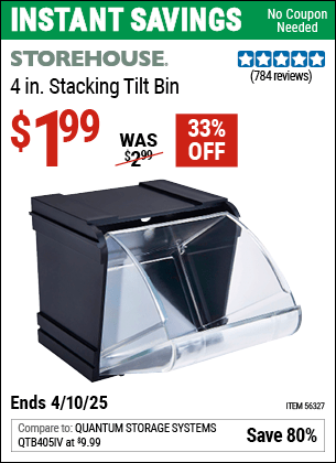 Harbor Freight Coupons, HF Coupons, 20% off - 4 in. Stacking Tilt Bin