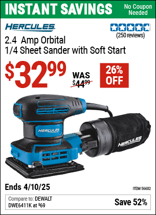 Harbor Freight Coupons, HF Coupons, 20% off - 2.4 Amp Corded 1/4 Sheet Palm Finishing Sander