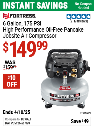 Harbor Freight Coupons, HF Coupons, 20% off - FORTRESS 6 Gallon 175 PSI High Performance Hand Carry Jobsite Air Compressor for $119.99