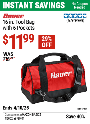 Harbor Freight Coupons, HF Coupons, 20% off - 16 In. Tool Bag With 6 Pockets