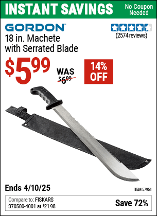 Harbor Freight Coupons, HF Coupons, 20% off - GORDON 18 in. Machete with Serrated Blade for $5.99
