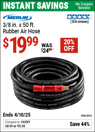 Harbor Freight Coupons, HF Coupons, 20% off - MERLIN 3/8 in. x 50 ft. Rubber Air Hose 
