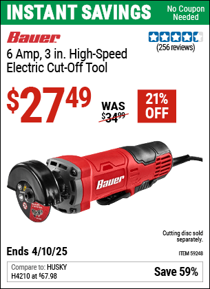 Harbor Freight Coupons, HF Coupons, 20% off - BAUER 6 Amp, 3 in. High Speed Electric Cut-Off Tool for $19.99