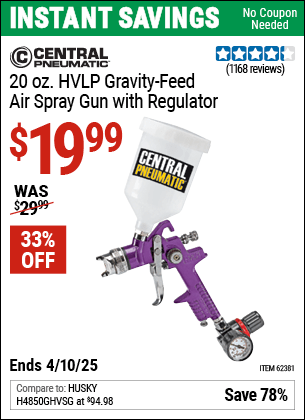 Harbor Freight Coupons, HF Coupons, 20% off - 20 Oz. Hvlp Gravity Feed Air Spray Gun With Regulator