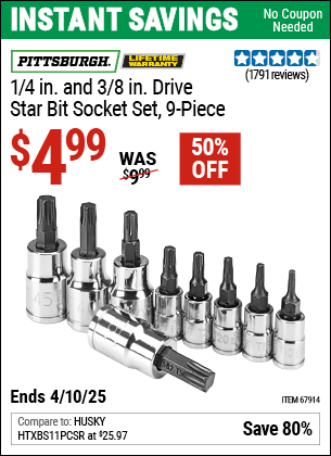 Harbor Freight Coupons, HF Coupons, 20% off - PITTSBURGH - 1/4 In. And 3/8 In. Drive Star Bit Socket Set, 9 Pc.