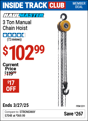 Harbor Freight Coupons, HF Coupons, 20% off - HAUL-MASTER 3 Ton Manual Chain Hoist for $99.99