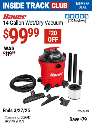 Harbor Freight Coupons, HF Coupons, 20% off - BAUER 14 Gallon Wet/Dry Vacuum for $89.99