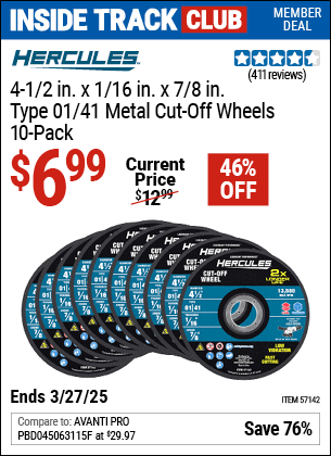 Harbor Freight Coupons, HF Coupons, 20% off - 4-1/2 in. x 1/16 in. x 7/8 in. Type 01/41 Metal Cut-off Wheel 10 Pk.