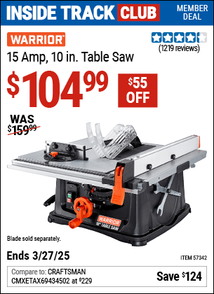 Harbor Freight Coupons, HF Coupons, 20% off - WARRIOR 10 in. 15 Amp Table Saw 