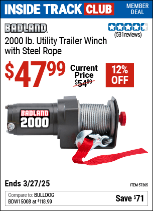 Harbor Freight Coupons, HF Coupons, 20% off - 2000 lb. Utility Trailer Winch with Steel Rope
