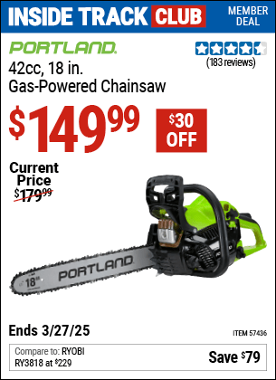 Harbor Freight Coupons, HF Coupons, 20% off - PORTLAND 42cc, 18 in. Gas-Powered Chainsaw for $129.99