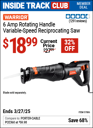 Harbor Freight Coupons, HF Coupons, 20% off - WARRIOR 6 Amp Rotating Handle Variable Speed Reciprocating Saw 