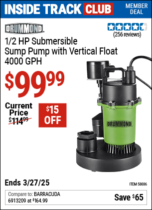 Harbor Freight Coupons, HF Coupons, 20% off - DRUMMOND 1/2 HP Submersible Sump Pump with Vertical Float for $99.99
