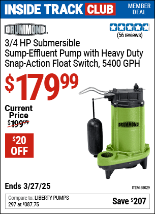 Harbor Freight Coupons, HF Coupons, 20% off - DRUMMOND 3/4 HP Submersible Sump-Effluent Pump with Heavy Duty Snap Action Float Switch 5400 GPH 