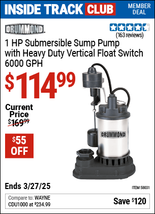 Harbor Freight Coupons, HF Coupons, 20% off - DRUMMOND 1 HP Submersible Sump Pump With Heavy Duty Vertical Float Switch for $149.99