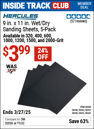 Harbor Freight Coupons, HF Coupons, 20% off - HERCULES 9 in. x 11 in. 1000 Grit Wet/Dry Sanding Sheets with Aluminum oxide Grain, 5-Pack for $2.99
