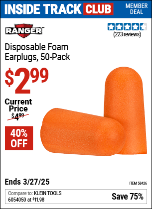 Harbor Freight Coupons, HF Coupons, 20% off - RANGER Disposable Foam Ear Plugs 50 Pk. for $3.99