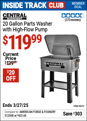 Harbor Freight Coupons, HF Coupons, 20% off - CENTRAL MACHINERY 20 gallon Parts Washer with High Flow Pump 
