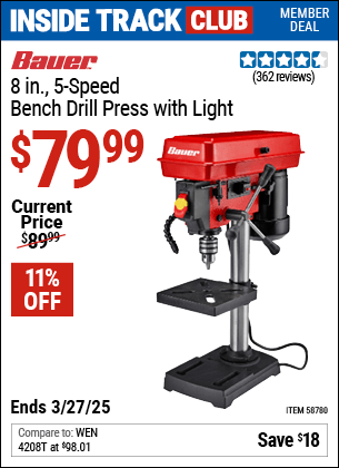 Harbor Freight Coupons, HF Coupons, 20% off - BAUER 8 in., 5-Speed Bench Drill Press with Light for $79.99