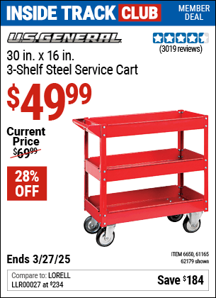 Harbor Freight Coupons, HF Coupons, 20% off - 16 X 30 Three Shelf Steel Service Cart