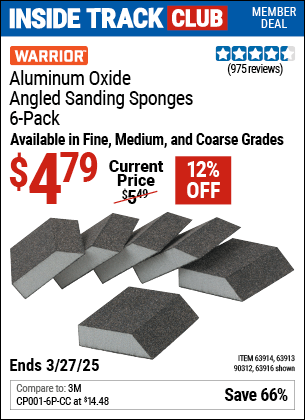 Harbor Freight Coupons, HF Coupons, 20% off - WARRIOR Aluminum Oxide Angled Sanding Sponges, 6 Pk. for $3.99