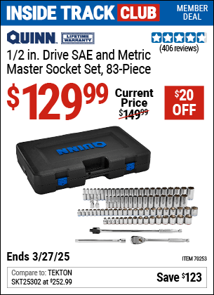 Harbor Freight Coupons, HF Coupons, 20% off - QUINN 1/2 in. Drive, SAE and Metric Master Socket Set, 83-Piece for $149.99