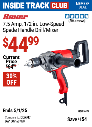 Harbor Freight Coupons, HF Coupons, 20% off - BAUER 1/2 in. Heavy Duty Low Speed Spade Handle Drill/Mixer