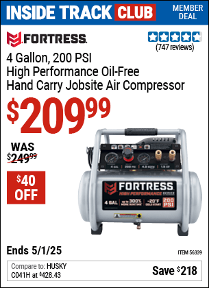 Harbor Freight Coupons, HF Coupons, 20% off - Fortress 4 Gallon, 1.5 Hp, 200 Psi Oil-free Professional Air Compressor