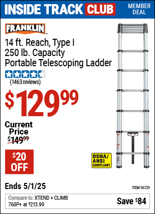 Harbor Freight Coupons, HF Coupons, 20% off - FRANKLIN Portable 14 Ft. Telescoping Ladder for $99.99