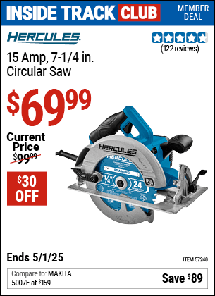 Harbor Freight Coupons, HF Coupons, 20% off - HERCULES 15 Amp 7-1/4 in. Heavy Duty Circular Saw for $89.99