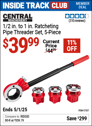 Harbor Freight Coupons, HF Coupons, 20% off - CENTRAL MACHINERY 1/2 in. to 1 in. Ratcheting Pipe Threader Set for $44.99
