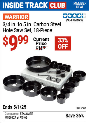 Harbor Freight Coupons, HF Coupons, 20% off - 3/4 in. - 5 in. Carbon Steel Hole Saw Set, 18 Pc.