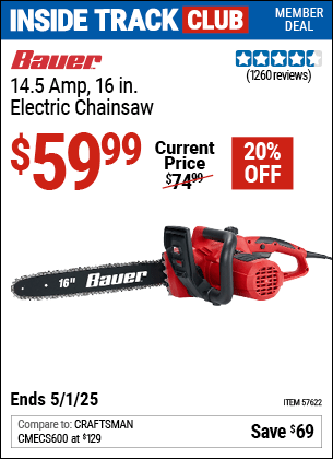 Harbor Freight Coupons, HF Coupons, 20% off - BAUER Corded 14.5 Amp, 16 in. Electric Chainsaw for $64.99