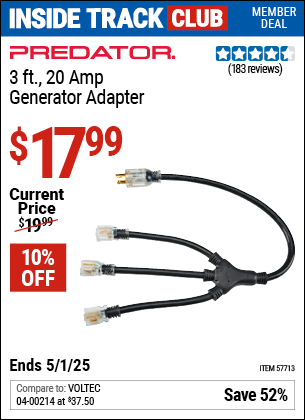Harbor Freight Coupons, HF Coupons, 20% off - PREDATOR 3 ft. 20 Amp Generator Adapter for $16.99